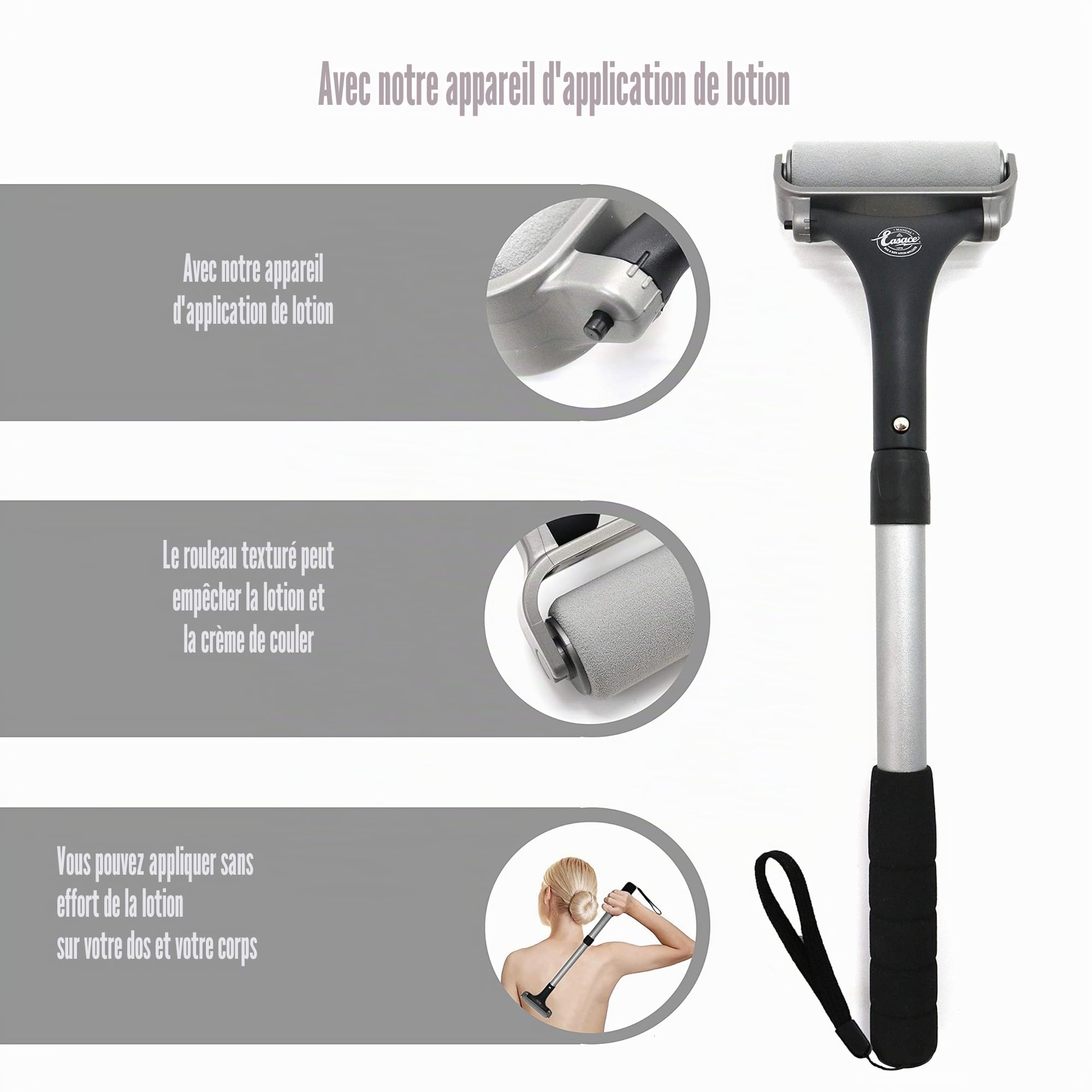 Easace Applicateur de lotion pour le dos et le corps, auto-application facile de la brosse de lavage du corps de bain de douche, crème pour la peau, bronzage(Argent)
