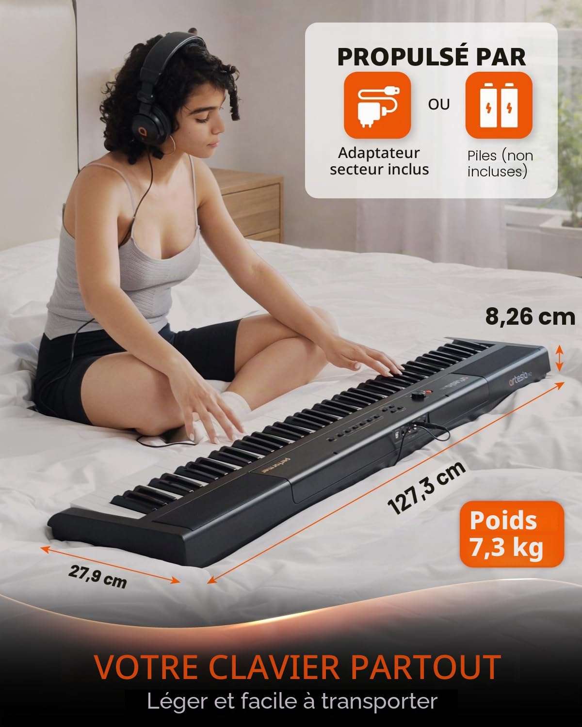 Artesia Piano numérique portable à 88 touches, clavier électrique avec touches sensibles à la vitesse, ensemble pour débutants avec pédale de sustain, support de musique et leçons de piano gratuites