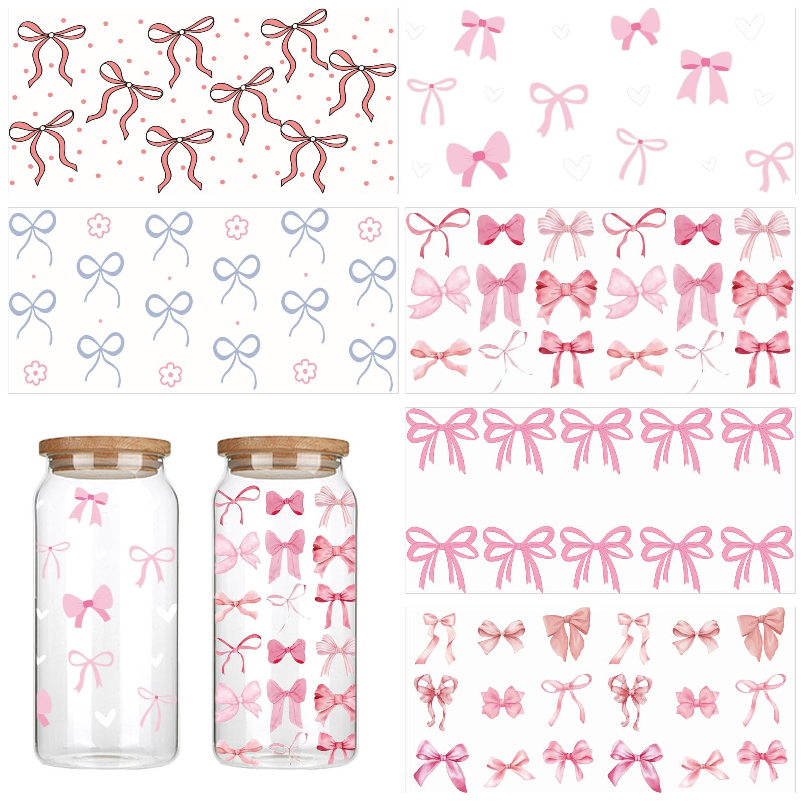 6 Sheets Bows DTF Stickers, Pink Bow DTF Cup Wraps Cute Bow Transfer Stickers Water Bottle Decals for DIY 16 Oz Glass Water Bottle Coffee Cups Crafts