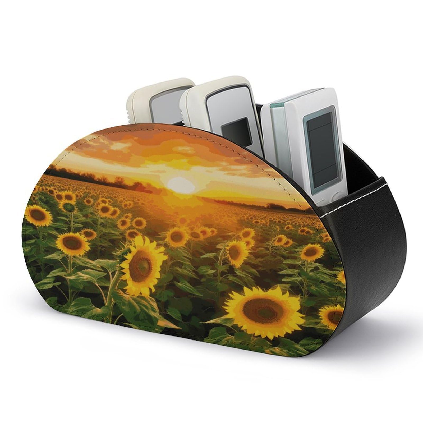 FekiLoot Sunflower Field Sunset Remote Control Holder, PU Leather Remote Control Organizer Box Stationery Remote Control Box Desk Storage Organizer for DVDs,Glasses,Pens,Media Players