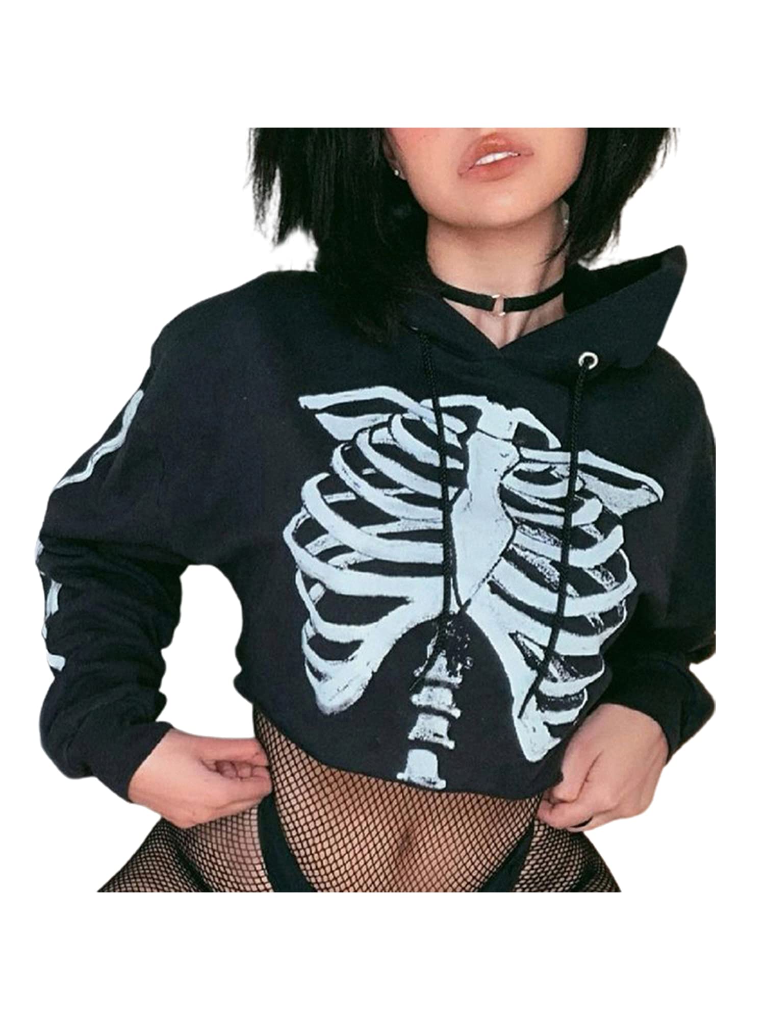 Chloefairy Women's Skeleton Print Crop Top Gothic Punk Hoodies Bandage Casual Pullover Long Sleeve Relaxed Fit Sweatshirts: Large Black