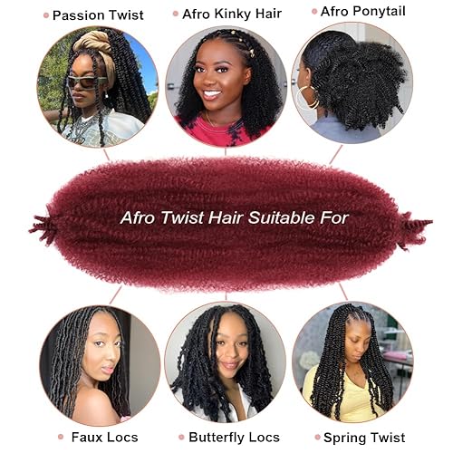 Miniatura 3 de Cabello trenzado burdeos preestirado, 2 paquetes de cabello trenzado rojo Marley Twist preesponjado para rastas sintéticas de ganchillo de 12