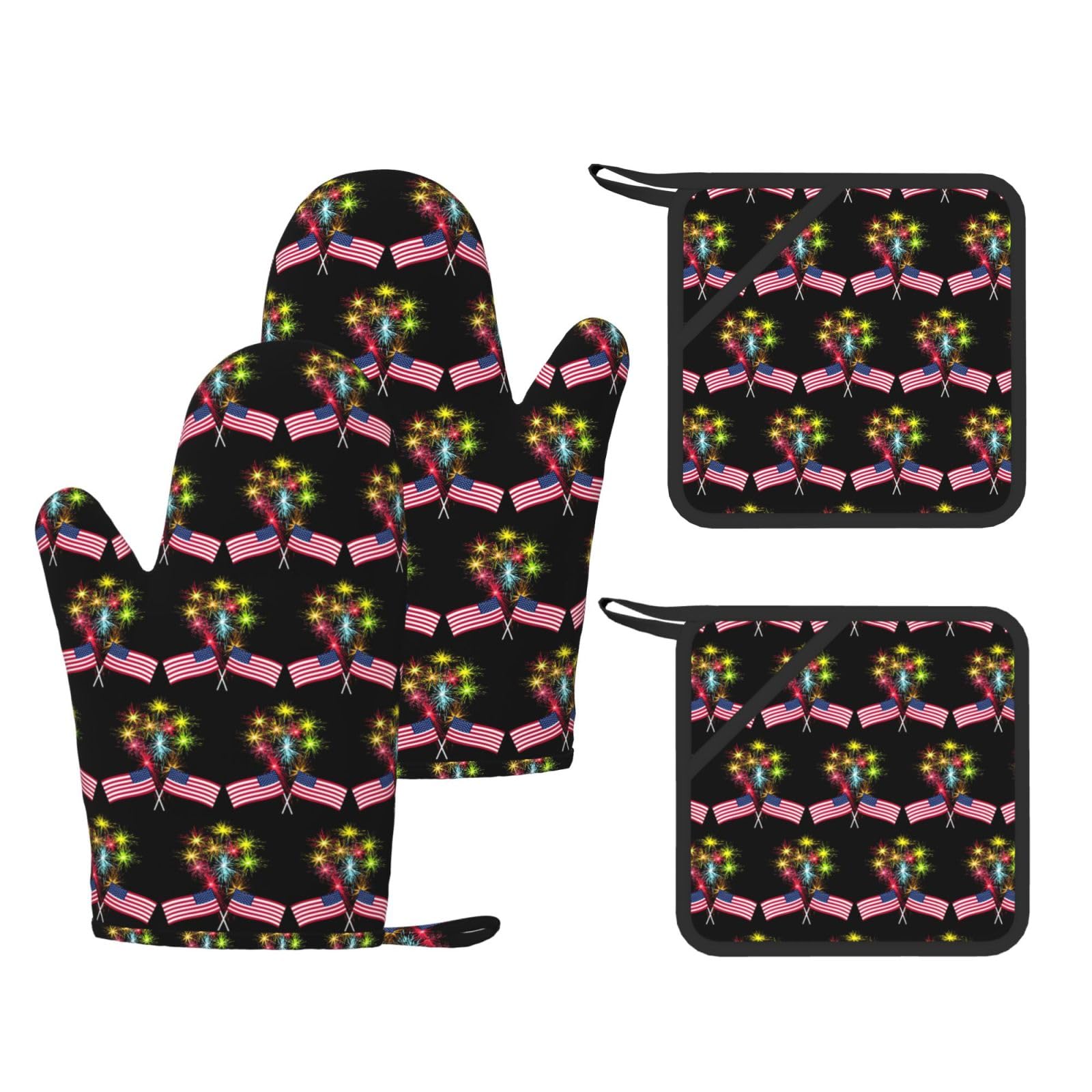 Independence Day America Flag Fireworks Printed Potholder and Oven Mitt Set of 4, High Heat Resistant Cooking Gloves for BBQ Grilling