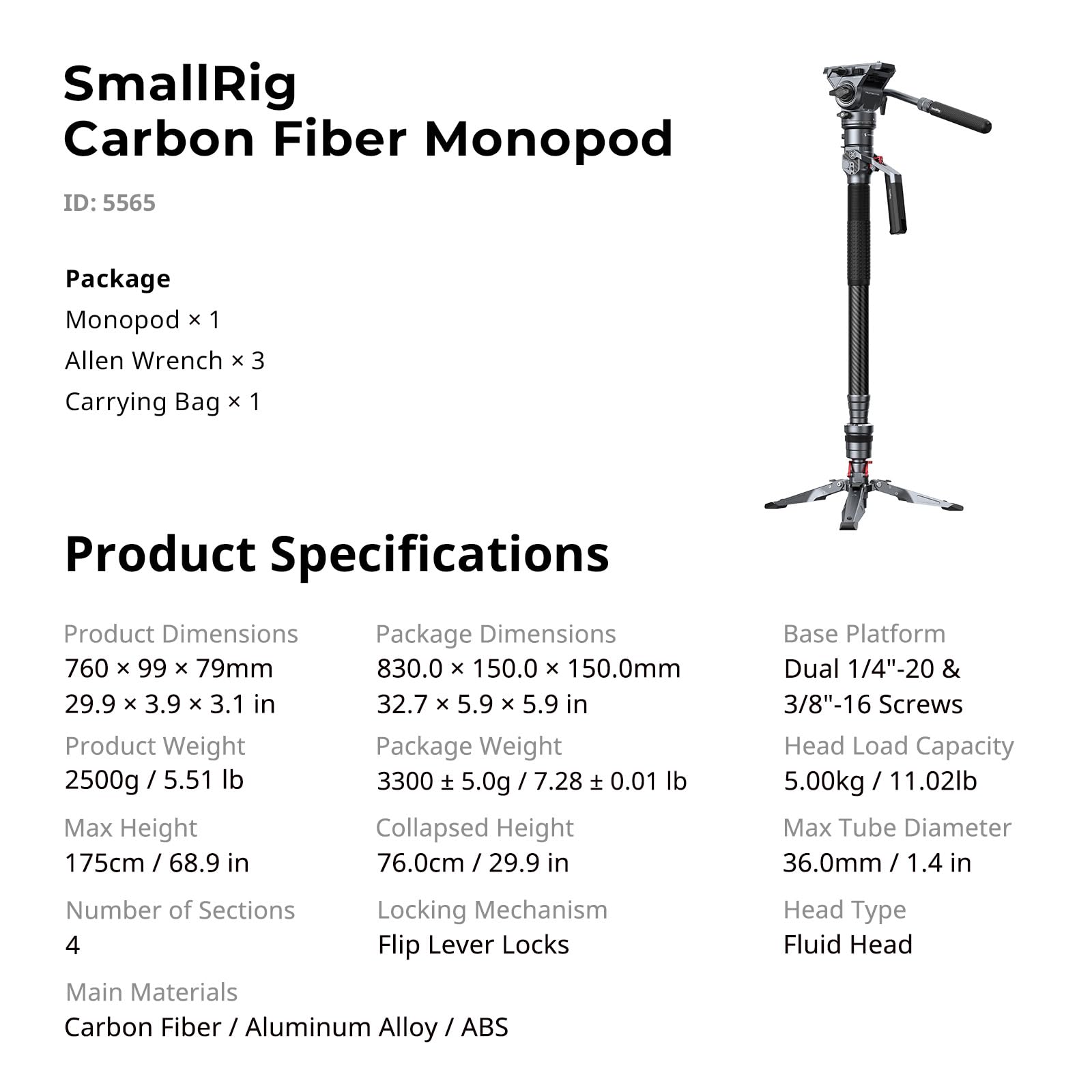 SMALLRIG Carbon Fiber Video Monopod Pro 175cm/68,9" Videostativ, Kompaktes Kamerastativ mit Ein-Knopf-Hebe & Arretierungsfunktion, max 5 kg Traglast, Fluidkopf, passend für DJI RS, für MFT 501L - 5565