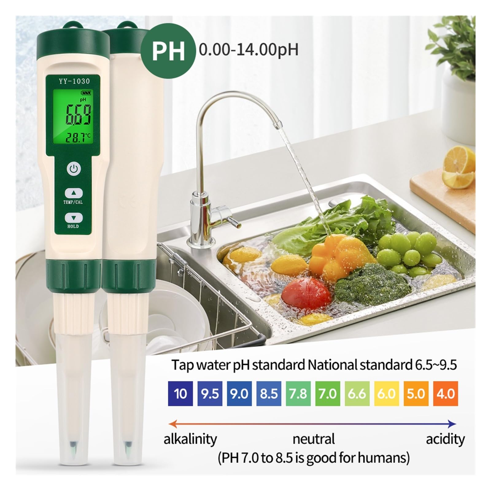 Tester miernika PH, YY1030 Tester PH żywności Alkalimetr ciasta Sery owocowe Kosmetyki Miernik PH 0.00-14.00 Matryca gleby Detektor PH Temperatura Tester kwasowości,Woda pitna, Hydroponika, SPA, Brow