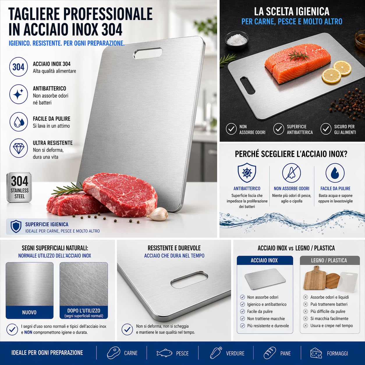 Tagliere in Acciaio Inox Alimentare 304 Per Cucina, Tagliere acciaio inox Certificato Igienico e Antibatterico, Superficie Alimentare Facile da Pulire, Resistente e Antiodore, 23X34