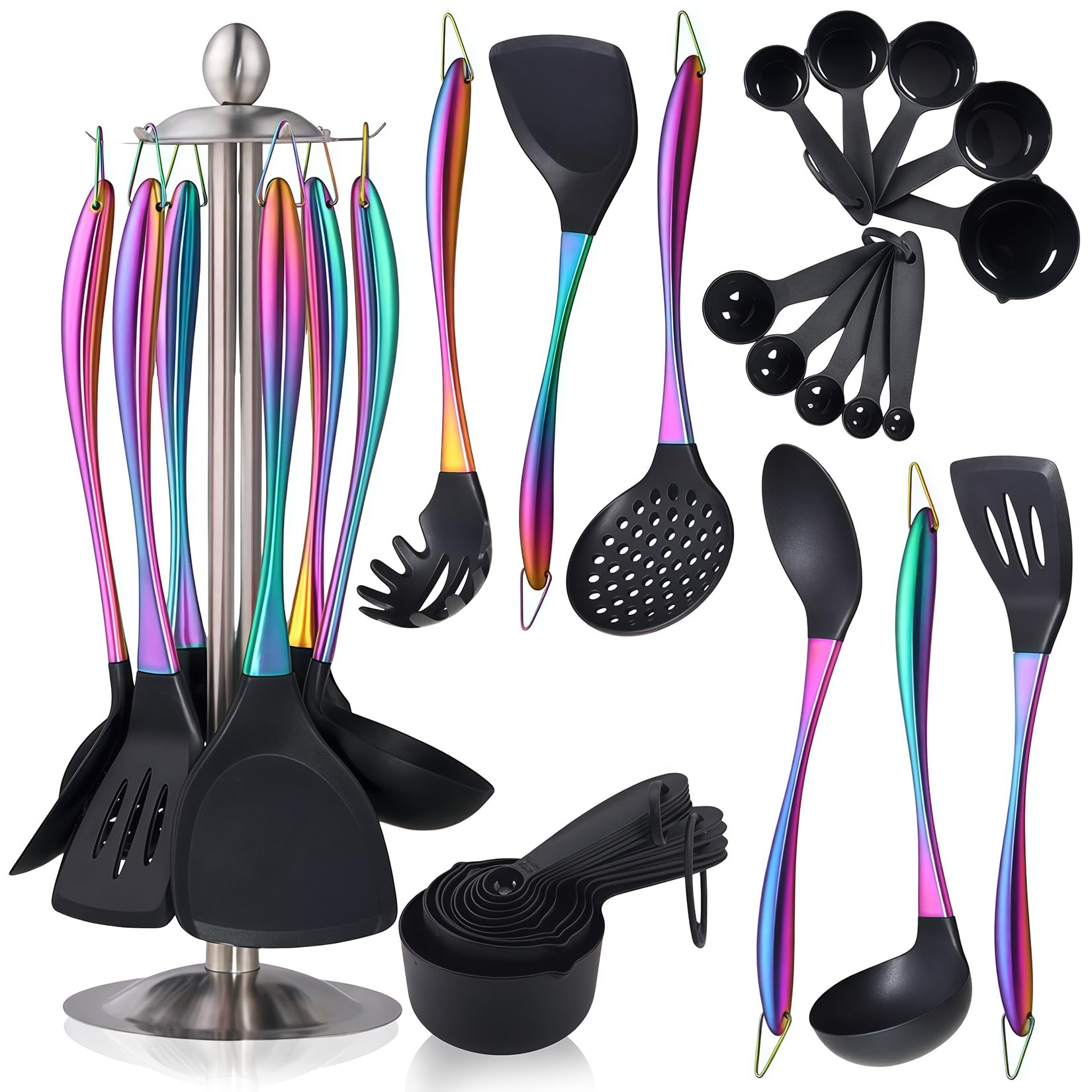Set di utensili da cucina in silicone, 17 pezzi, con supporto girevole, utensili in silicone resistente al calore, set di spatole antiaderenti con manici in acciaio inox, spatola, mestolo