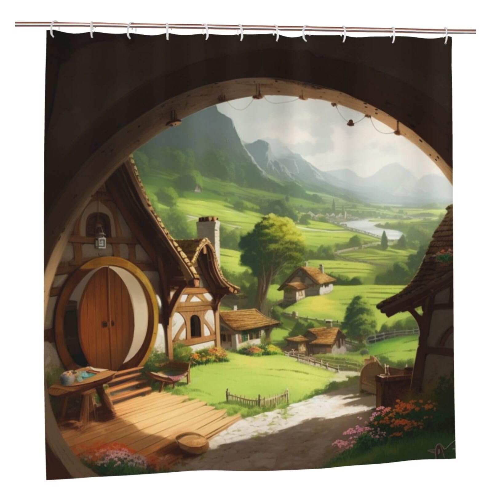 BWWHCCTI Beautiful village Printed Shower Curtain With 12 Plastic Hooks Opaque Quick Drying Waterproof Shower Curtains Sets For Bathroom 183x183 CM