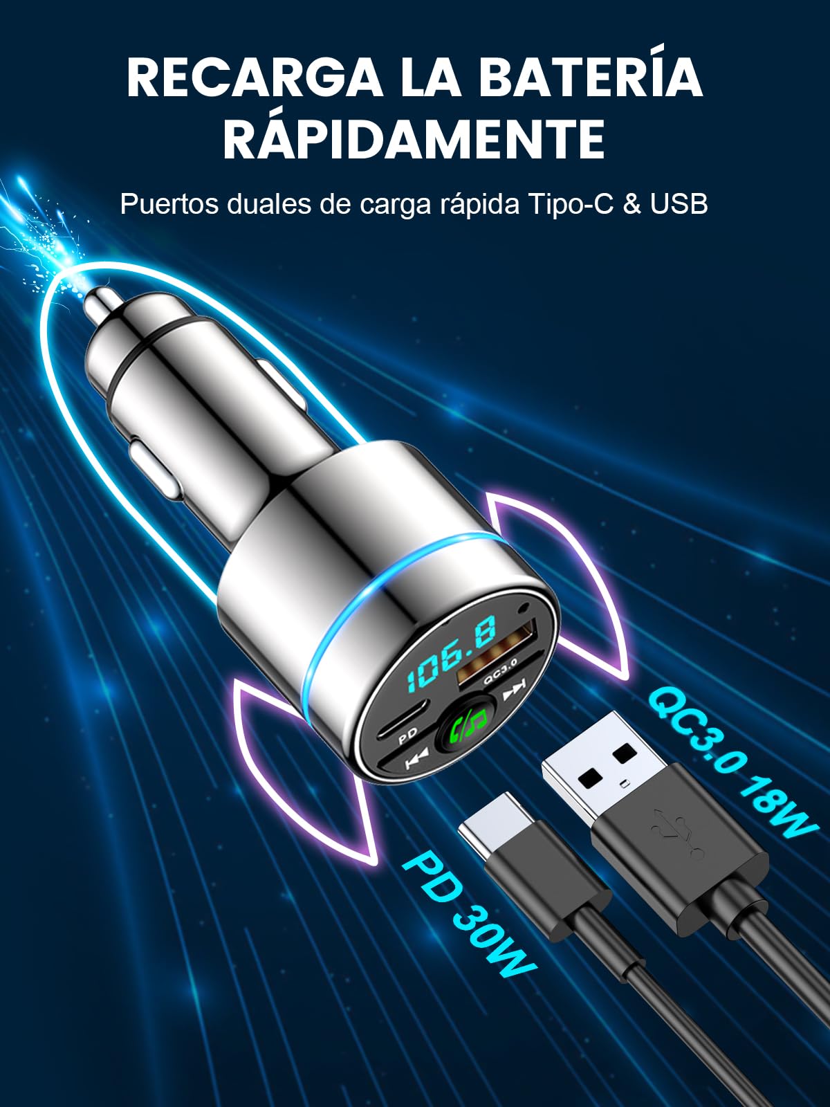Mohard Transmisor FM Bluetooth 5.3 Coche, Todo Metal con Anillo LED, Cargador Rápido PD30W+QC3.0, Manos Libres con Cancelación de Ruido, Soporte USB/TF, Audio Hi-Fi