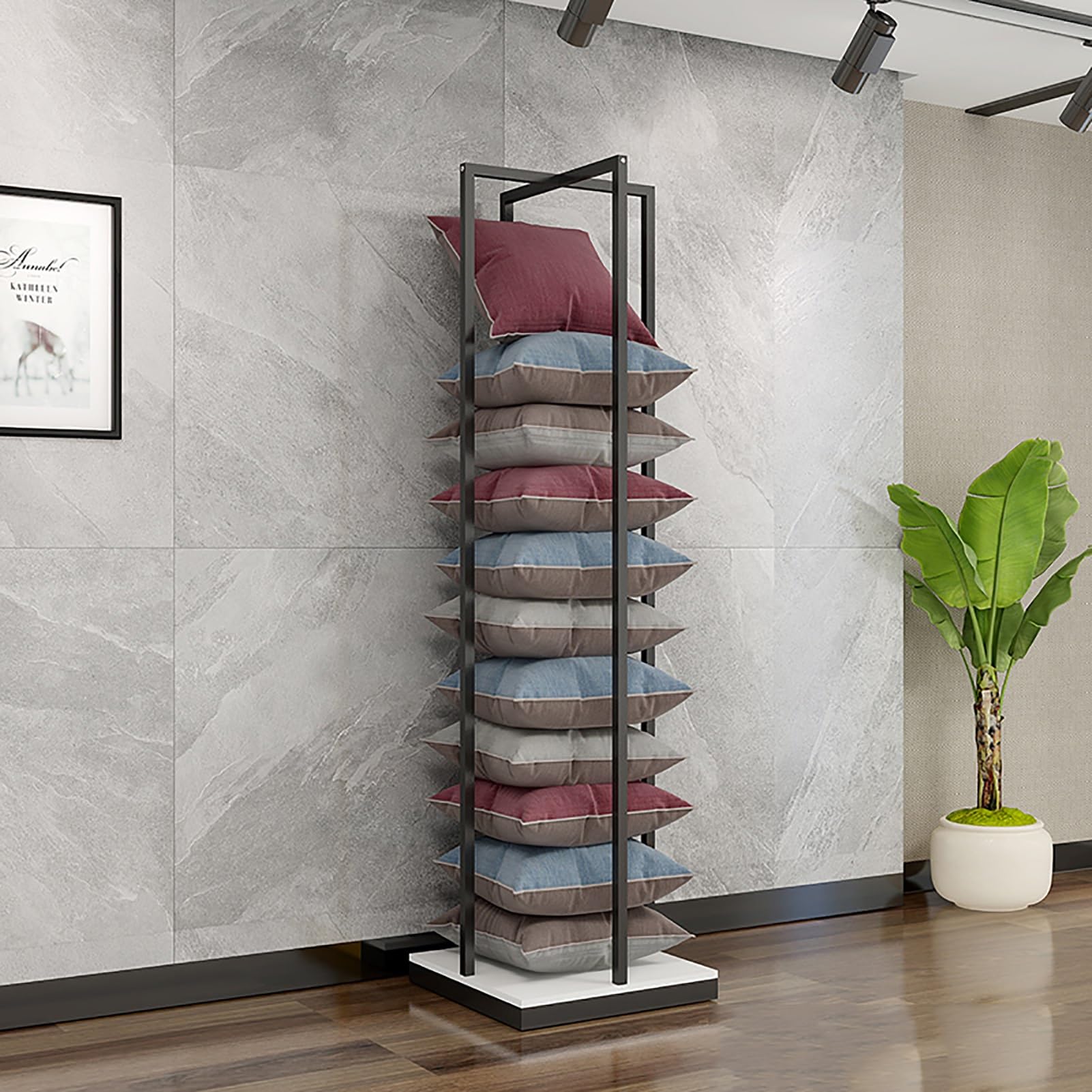 Estante para cojines decorativos de gran capacidad con estructura cuadrada para tiendas y hoteles