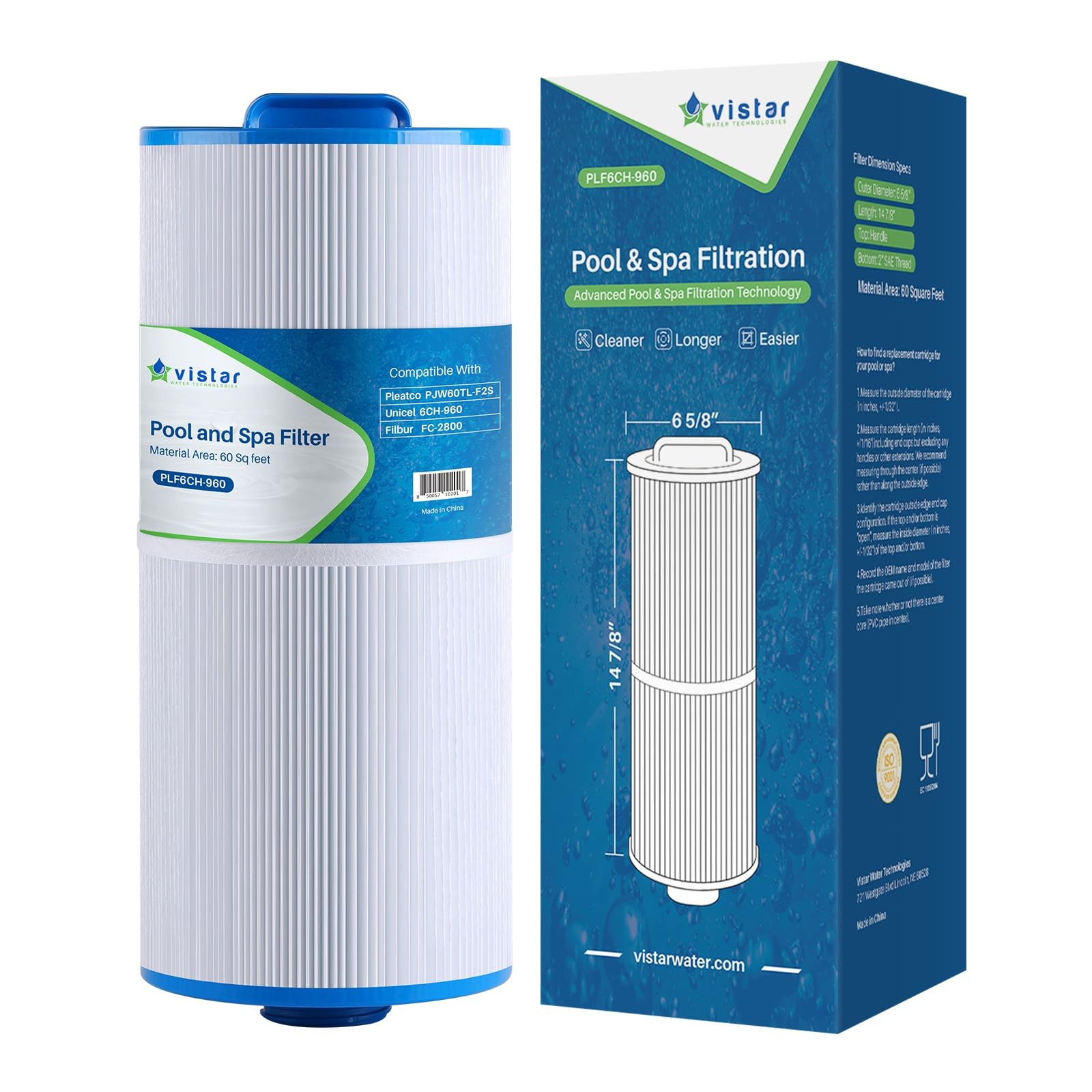 Vistar Water Technologies PLF6CH-960 Spa Filter Replacement for Unicel 6CH-960, PJW60TL-F2S, Jacuzzi Filters J-300, J-400, Filbur FC-2800, 6540-476, 6540-383 Hot Tub Filter with Closed Handle 1 Pack