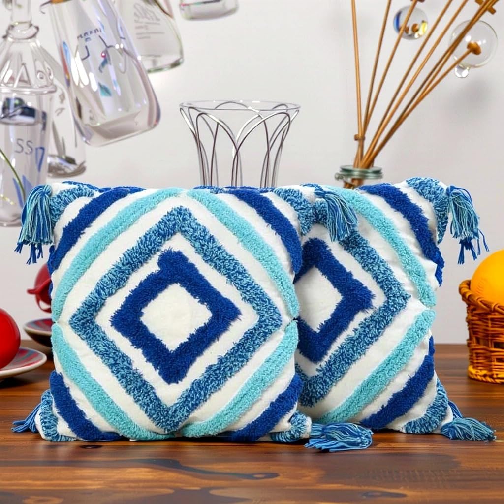 Decorative Throw Pillow, Blue and White Chevron Pattern, Tasseled Accent Cushion, Modern Coastal Style Pack of 2-image-26