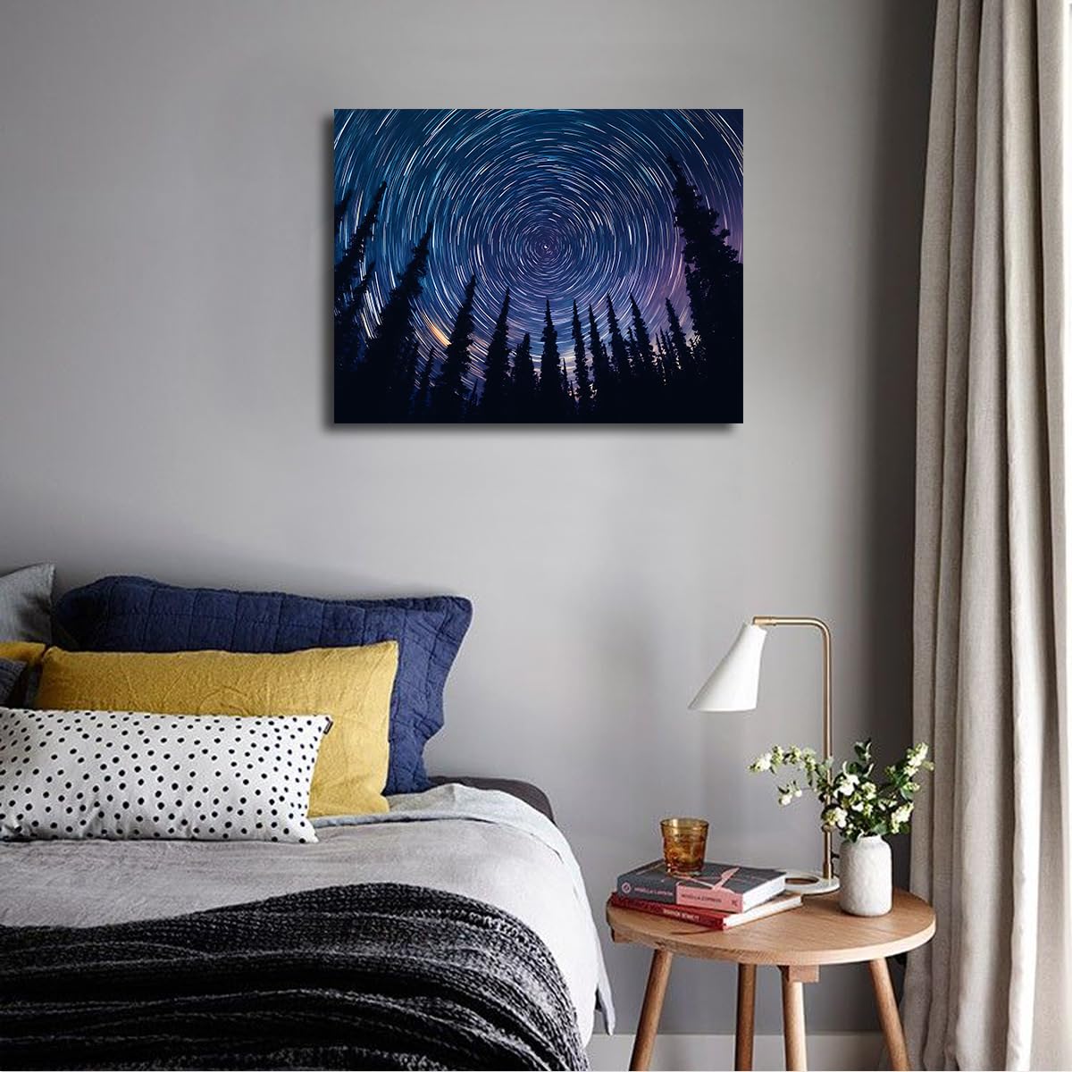 YUNART Star Trails Forest Trees Canvas Wall Art Natural Landscapes Photo Grawerowanie Home Office Mural Modern Modern Art Ready to Hang 55x82cm Inner Frame