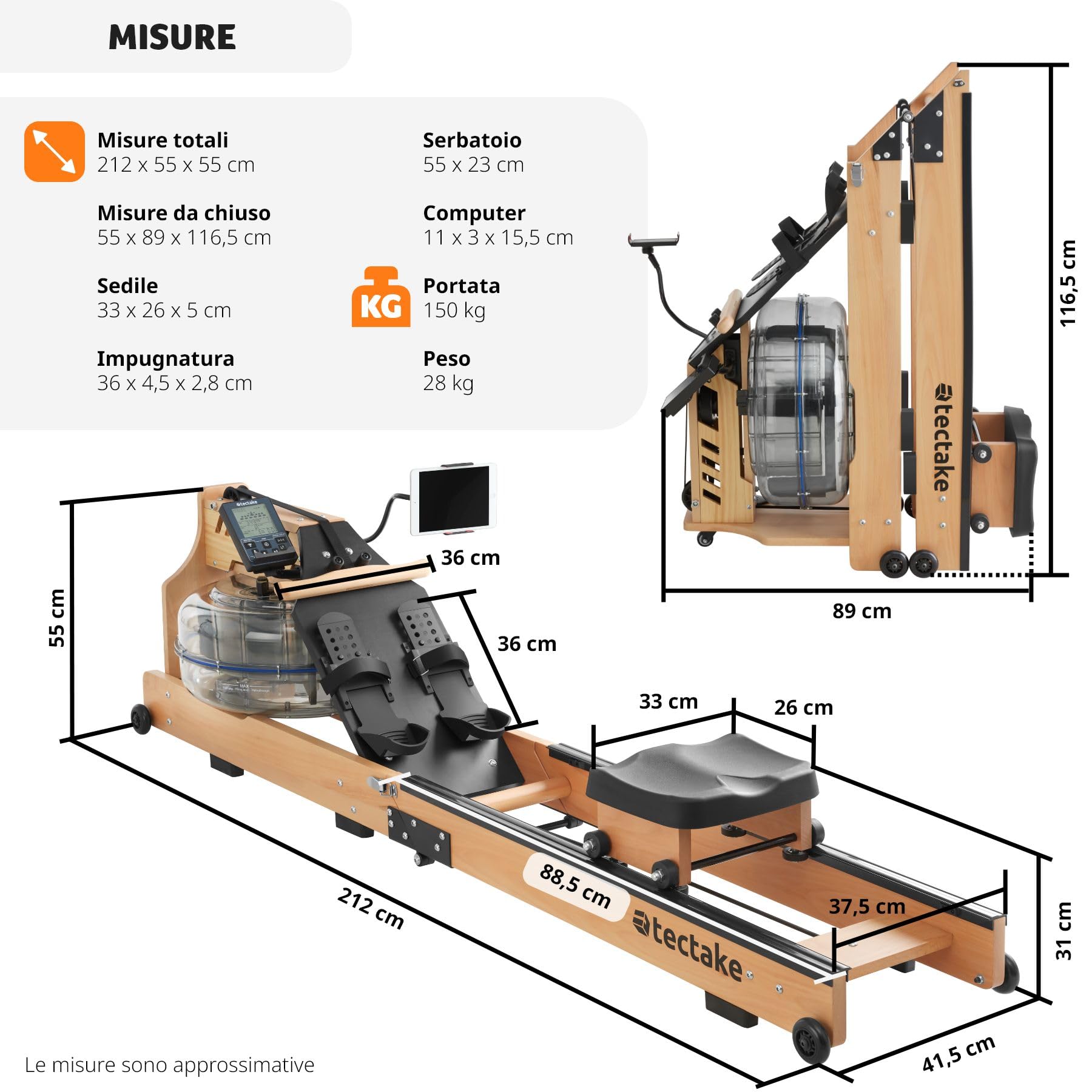 tectake® Vogatore in Legno per Allenamento a Casa, Vogatore Salvaspazio per Palestra in Casa, Sedile Ergonomico, con Serbatoio d'Acqua, Display Integrato, Carico Massimo 150 kg - Nero/Marrone