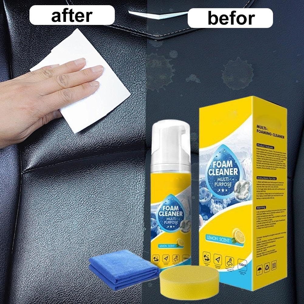 Detergente schiumogeno potente per interni auto con panno in microfibra e spugna, spray multiuso senza risciacquo per la pulizia profonda di sedili in pelle, cruscotto e rivestimenti in tessuto