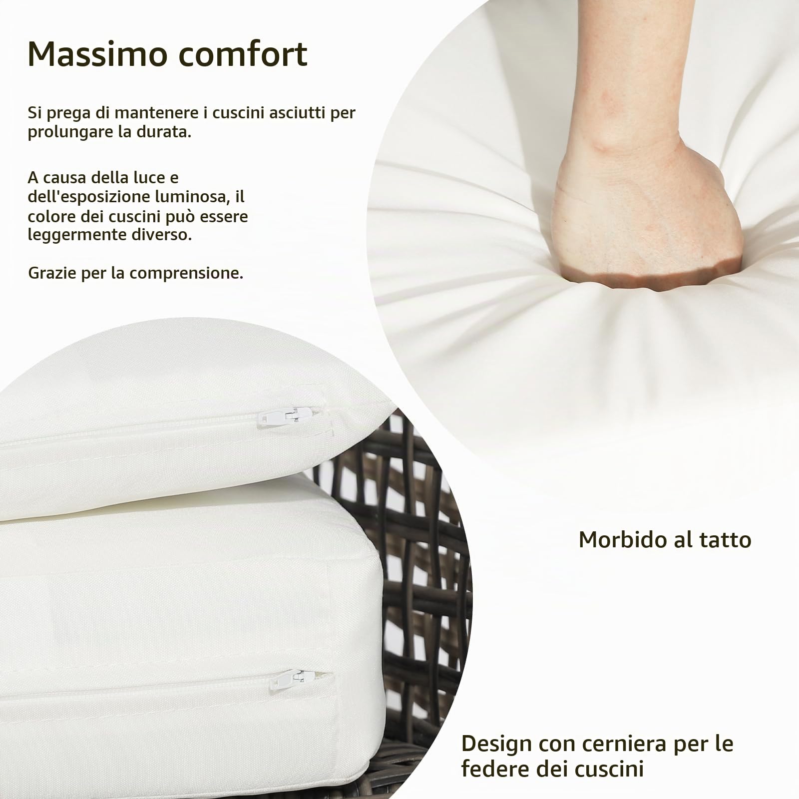 KOMFOTTEU Set di 3 mobili da giardino in rattan e legno di acacacia, mobili da balcone con 2 poltrone e 1 tavolino, per giardino, balcone, marrone e bianco