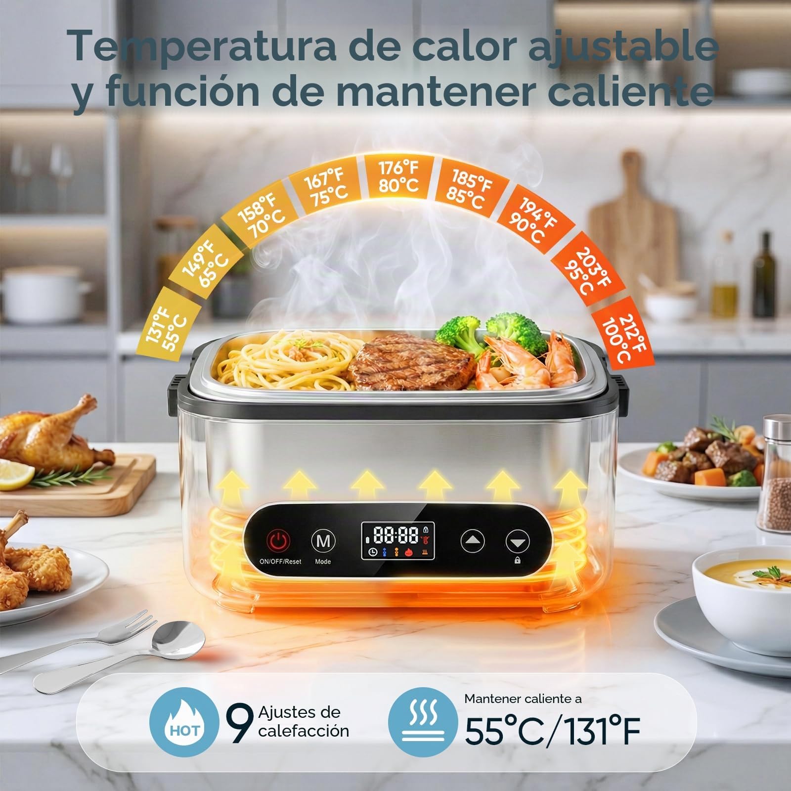 Fiambrera Electrica, 100W Fiambrera Calefactable Inalámbrica con Capacidad de 1,2L, Calentador de Alimentos de Acero Inoxidable, Fiambrera Autocalefactable con Bolsa Térmica para Viaje, Oficina