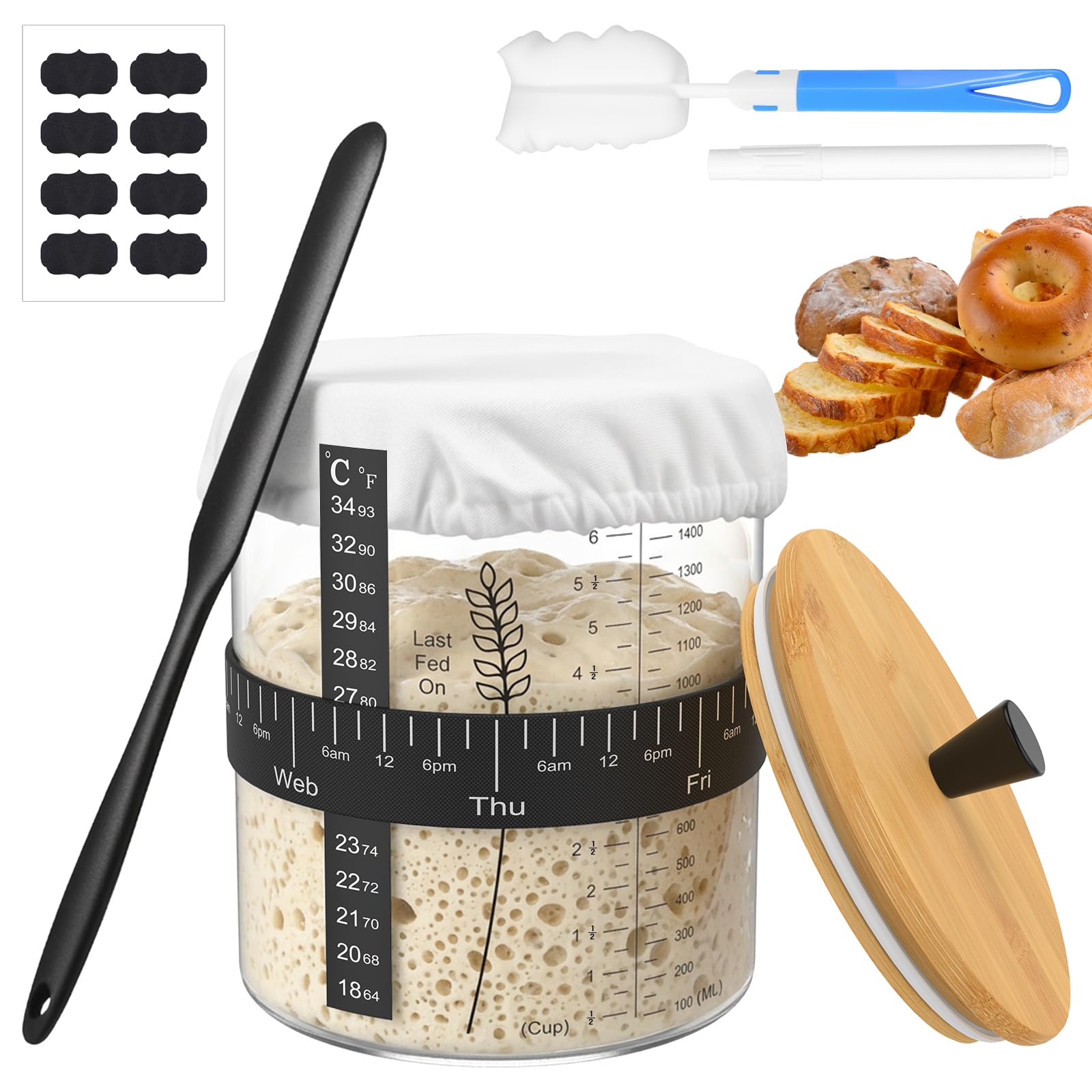 Yjqxmyu Transparent Sourdough Starter Jar 1500Ml Large Wide Mouth Sourdough Starter Kit With Glass Jar, Thermometer Date Marker, Cleaning Brush, Silicone Scraper,Pen And Dual Lids, Complete Baking Supplies