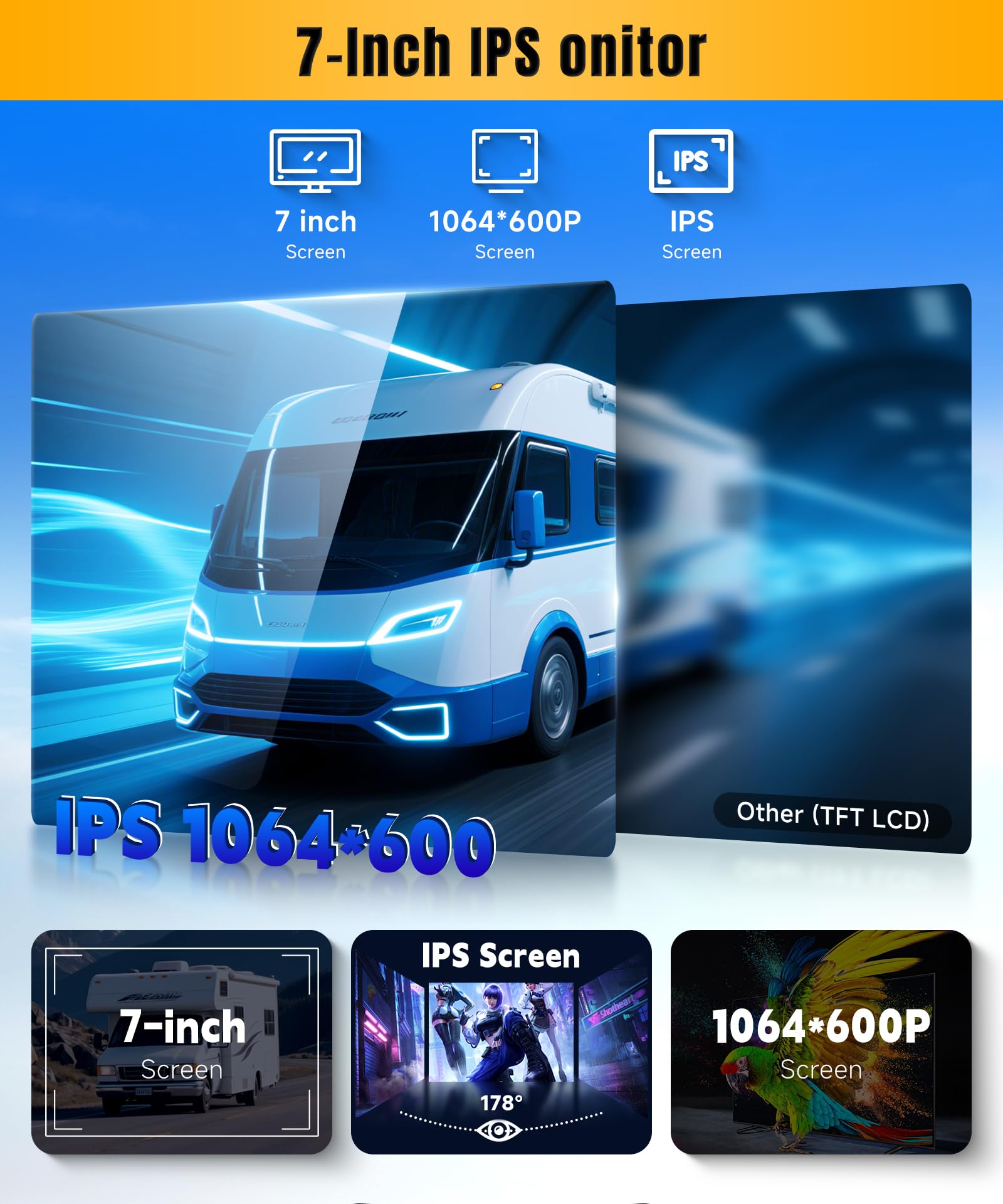 VECHTEL 1080P Caméra de recul avec écran IPS 7 Pouces,kit d'aide au stationnement,1024 x 600,IP69 AHD Vision Nocturne pour SUV, camionnette, Camping-Car, avec Pare-Soleil, câble de 15 m, 12-24 V