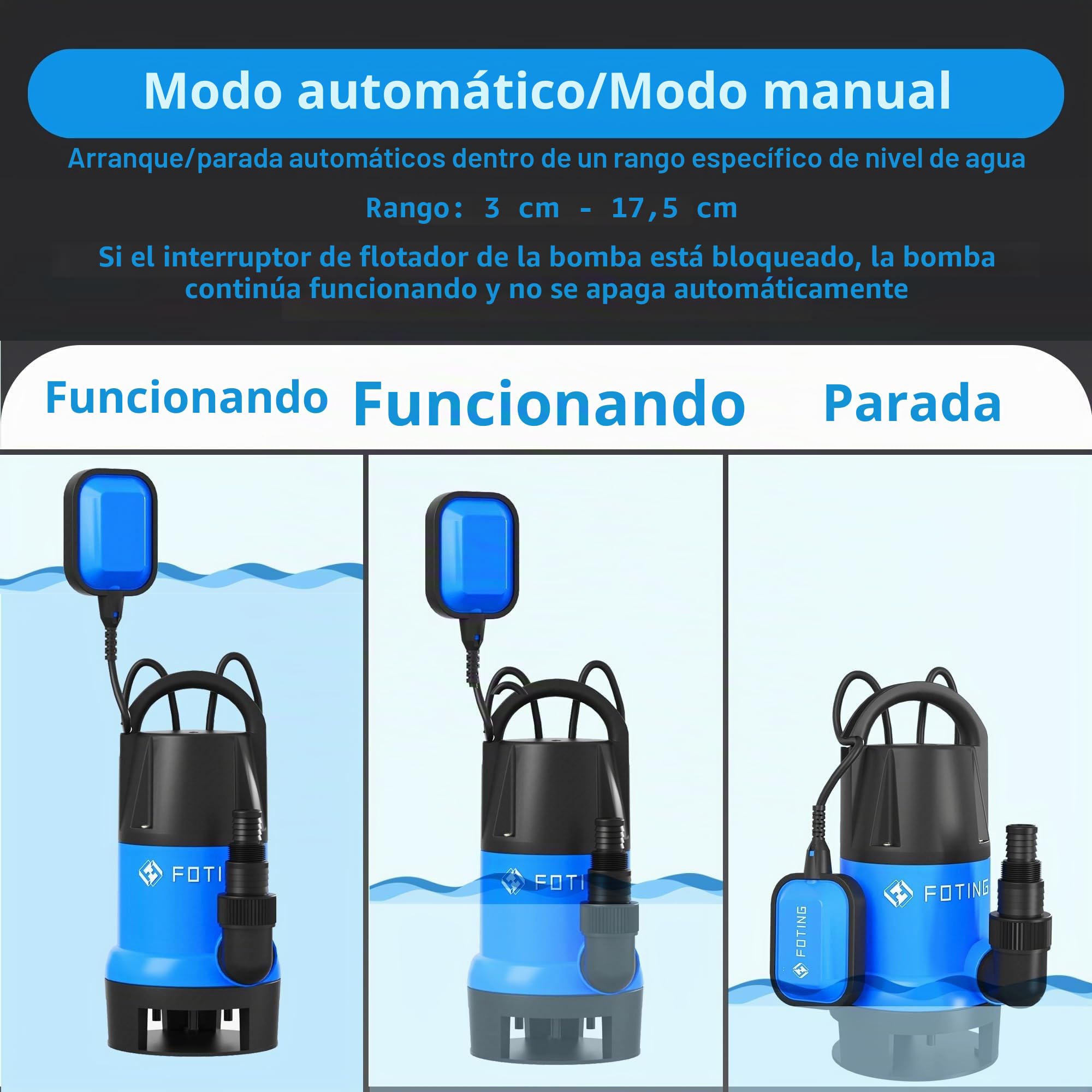 FOTING Bomba de aguas sucias 900W, capacidad de 14.000 l/h, Altura máxima de suministro 8,5 m, inmersión máx. 7 m, interruptor de flotador, cuerpos extraños hasta 35 mm, para drenaje rápido en casa