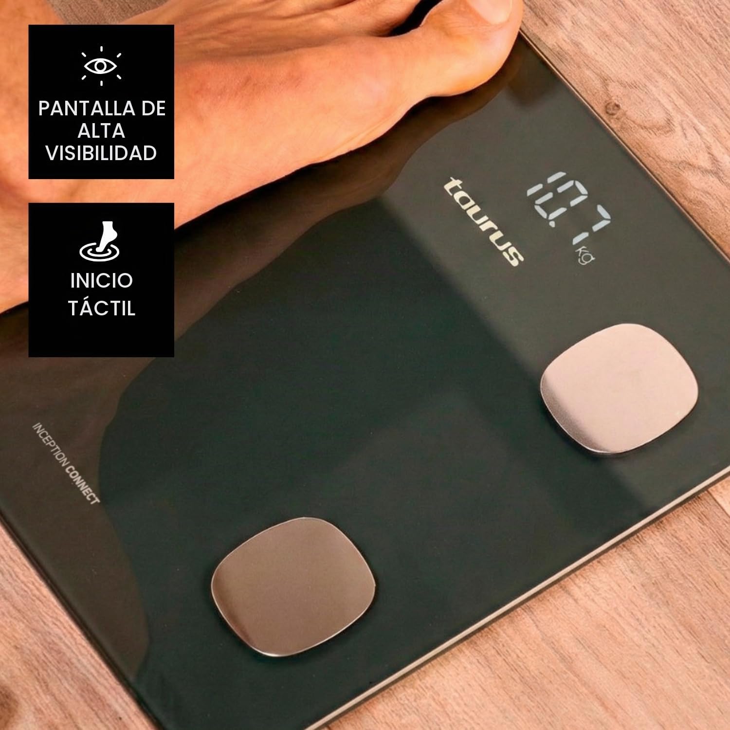Taurus Inception Connect – Báscula de Baño Digital, Grasa Corporal, Masa Muscular y Ósea, Alta Precisión, Pantalla Iluminada, Bluetooth, App, Memoria 14 Usuarios, Autoapagado, Pilas, Gris