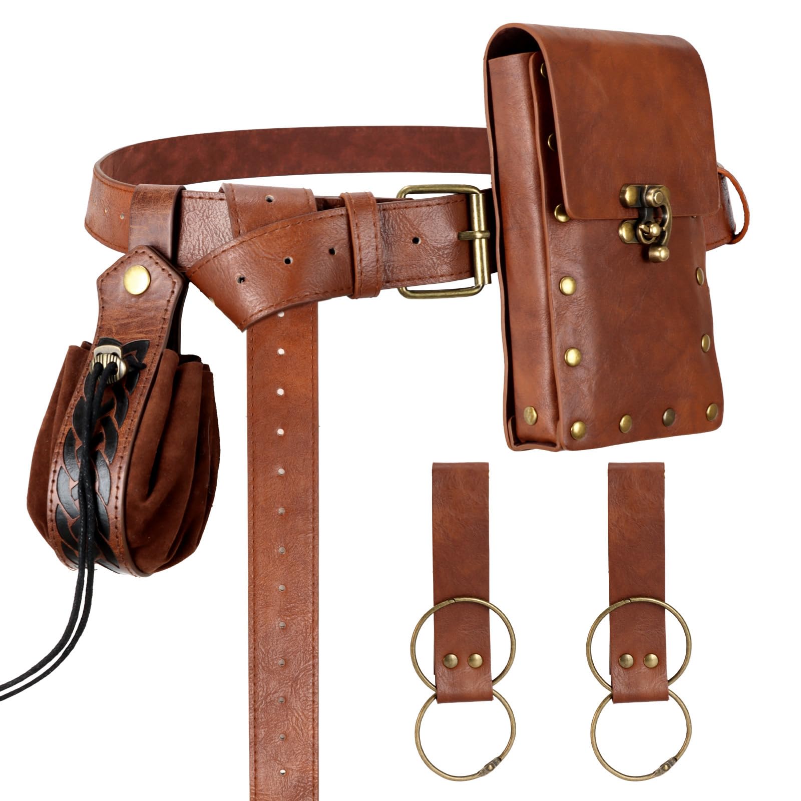 Renaissance Belt Pouch Medieval Viking Pirate Leather Bag Potion Bottle Set Skirt Hike Halloween Cosplay Costume Accessorie(Brown, Belt Pouch)