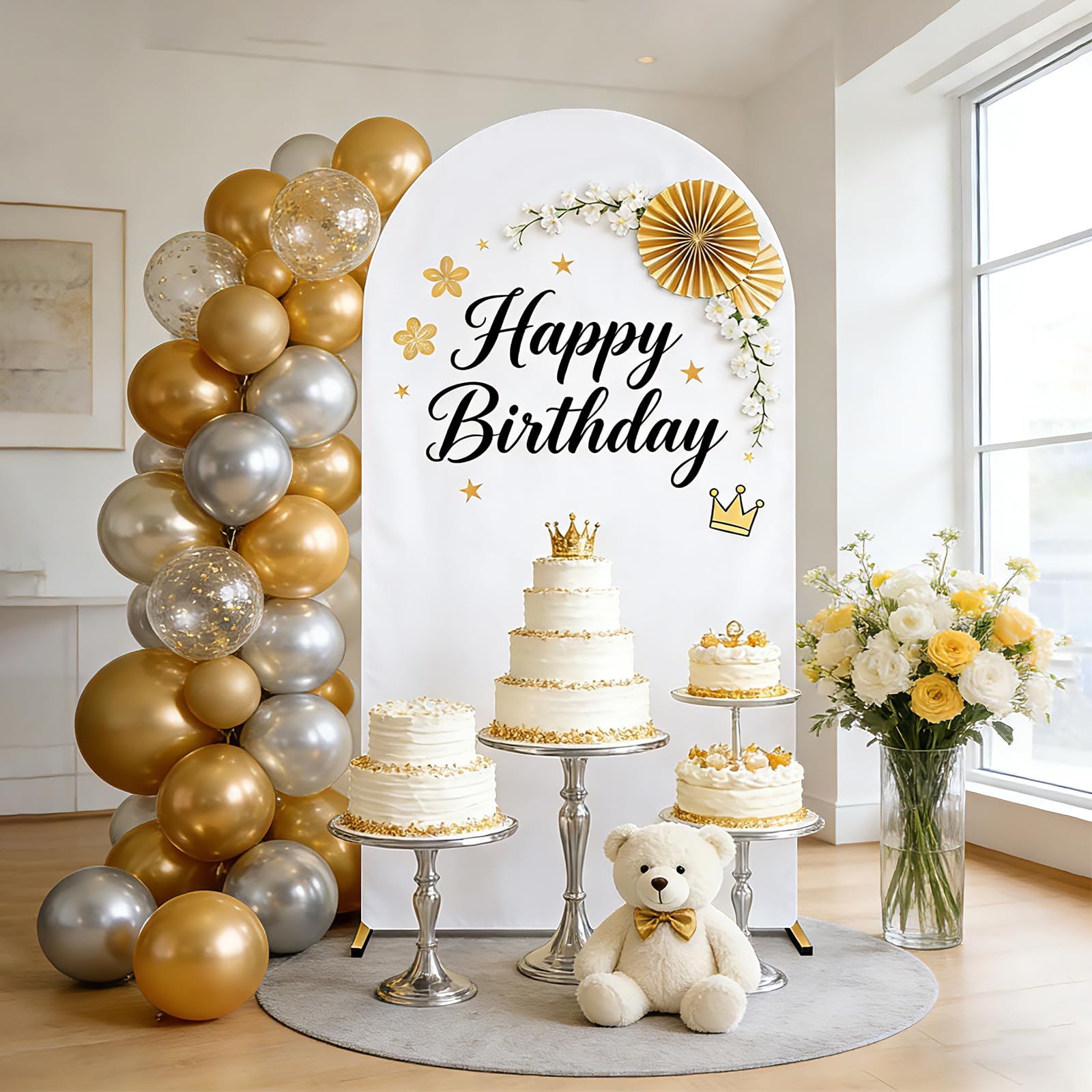 Cubierta de fondo de arco, parte superior redonda, doble cara, cubierta de arco de boda para boda, decoración de fiesta, cumpleaños, baby shower, banquete (Blanco, 1.2 * 2.2m)