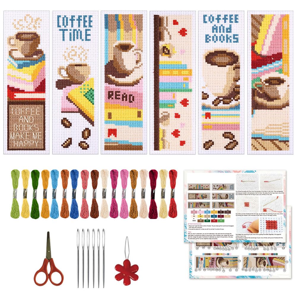 ORIGACH 6 Pcs Cross Stitch Bookmark Kit for Beginner Adults Coffee and Books Stamped Embroidery Bookmark Kit with Instruction for Starters Printed Cross Stitch DIY Kits for Book Lovers