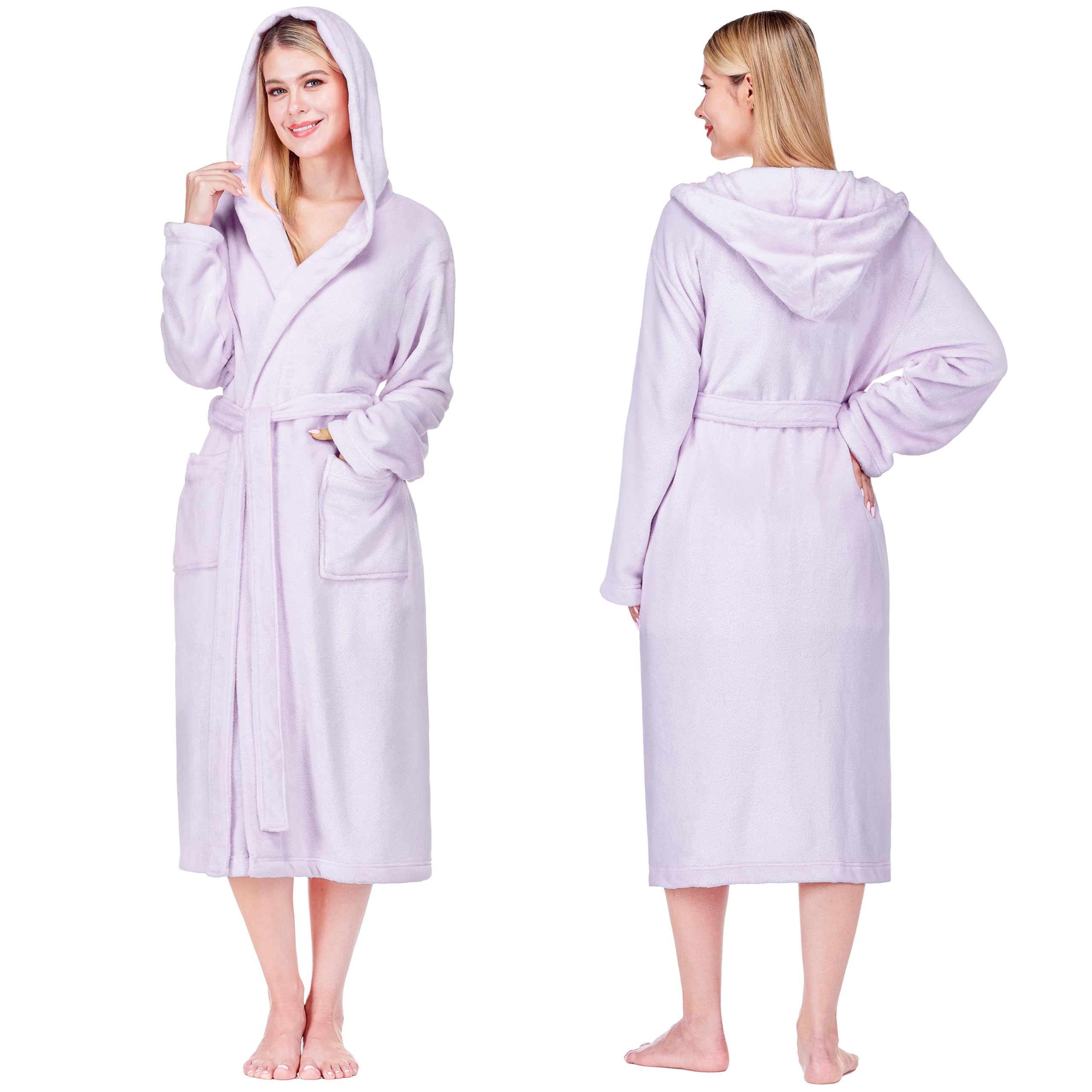 PAVILIA Women Robe with Hood, Fleece Fluffy Soft Long Hooded Robe, Plush Fuzzy Cozy Warm Bathrobe Shower Spa