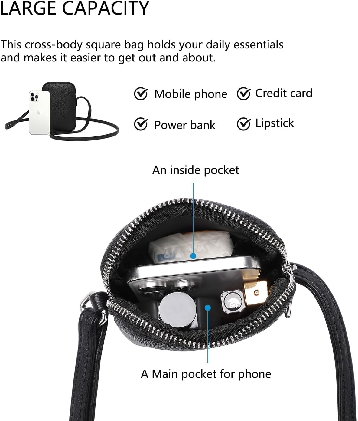 Small Crossbody Purse Zipper Cell Phone Bag Mini Shoulder Purse Wallet Smart Phone Wallet with Credit Card Solts | Small, Zipper, Mini, Wallet, Credit Card Slots - Image 5