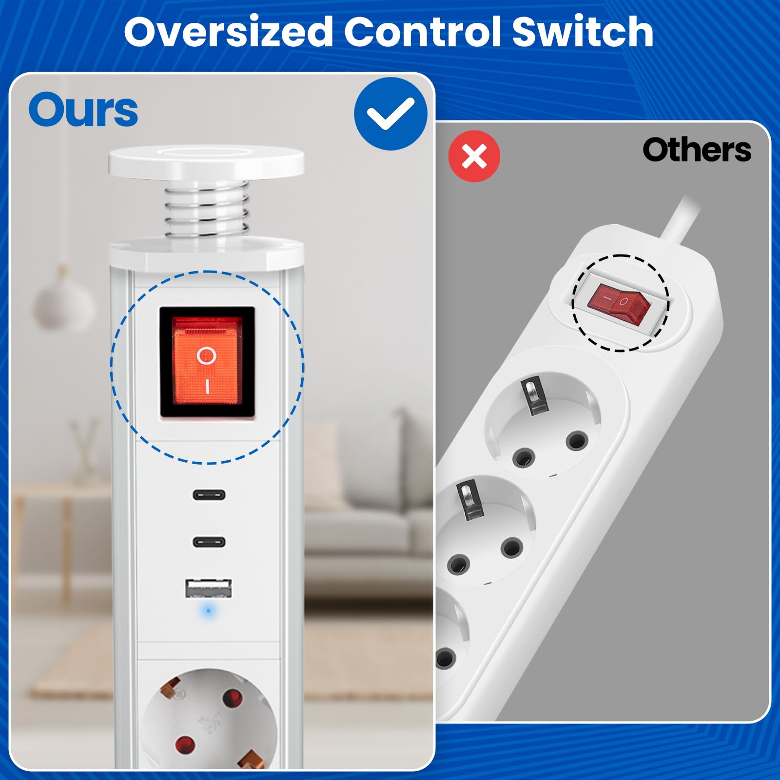 3-voudige inbouwstekkerdoos met individuele schakelaar, tafelstopcontact, meervoudige stekkerdoos met 2 USB A en 2 USB C, verzonken stopcontact met overbelastingsbeveiliging, 1,8 m kabel, zwart
