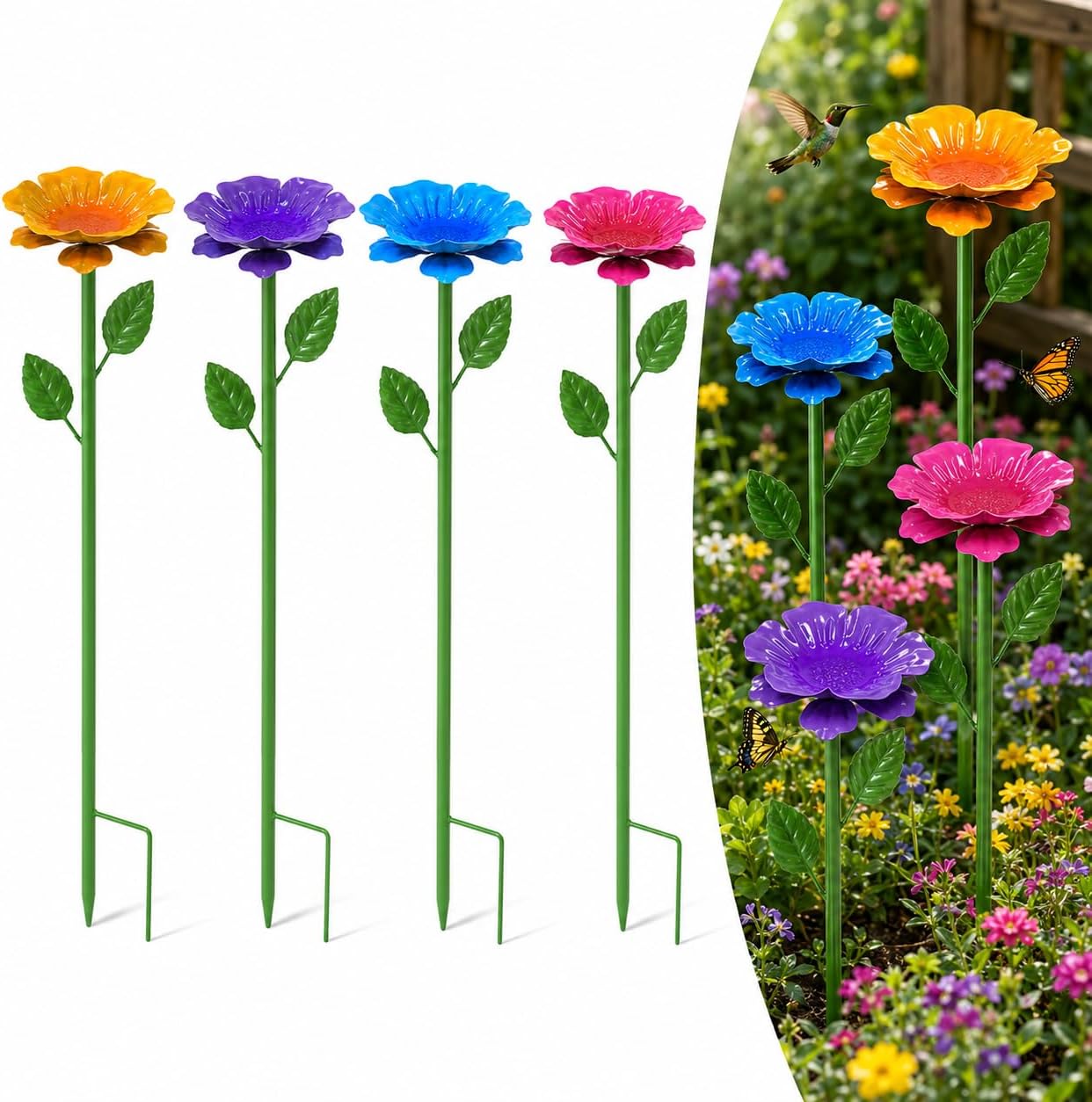 4 Pack Bee Watering Stations for Garden, Metal Flower Butterfly Feeders, Colorful Bee Bath Bowls with Adjustable Stakes for Outdoor Yard Decor