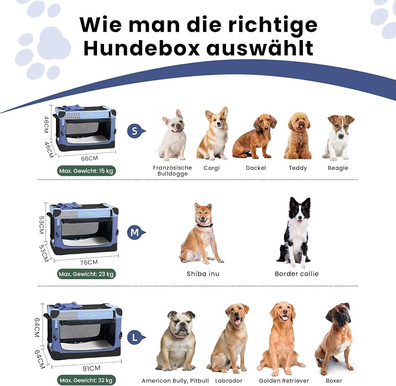 Gardner Pet Összecsukható kutyaszállító box 66 x 48 x 48 cm kék hordfüllel takaróval tárolózsákkal macskáknak és kutyáknak 15 kg-ig