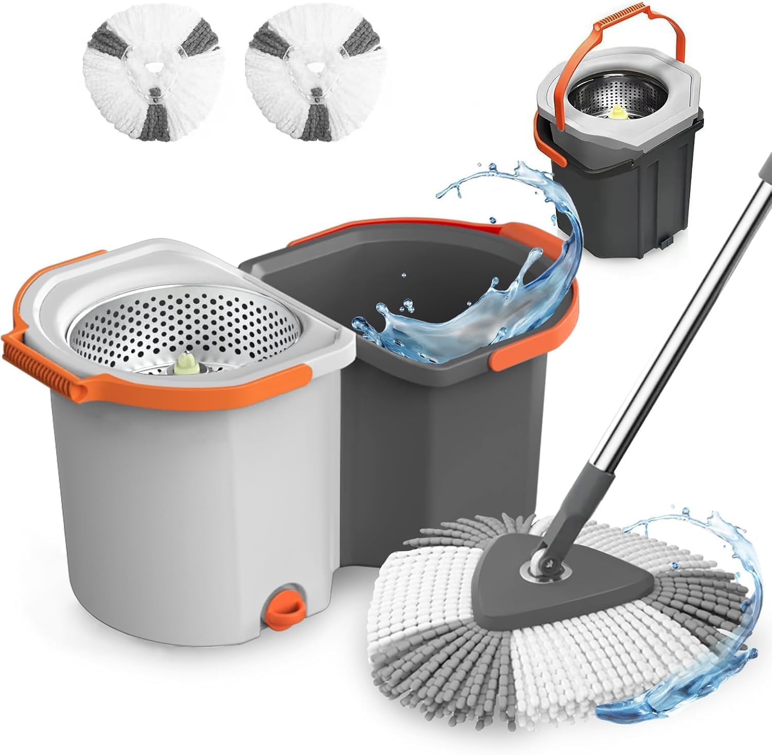 Oumffy Twin Spin Mop with 𝐒𝐞𝐥𝐟 𝐒𝐞𝐩𝐚𝐫𝐚𝐭𝐢𝐨𝐧 Rotating Bucket for Home Cleaning Floor / 360° Triangle Mops Folding Cleaning Bucket with Basket / 2Pcs Reusable Microfiber Pad (Simple White)-image-31