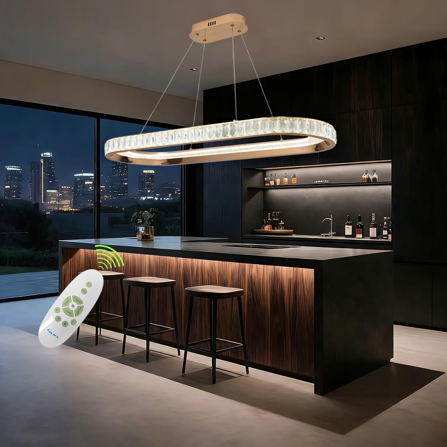 Lampadario Moderno a Sospensione ovale a LED Color oro con Illuminazione Lineare a LED per Sala da Pranzo, Lampadario Dimmerabile per Isola Cucina con Telecomando per Soggiorno e Ufficio
