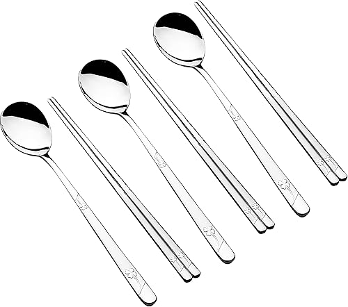YAPULLYA Juego de palillos y cucharas de metal coreano, reutilizables, de acero inoxidable, con mano larga, juego de 3 (trébol de la suerte)