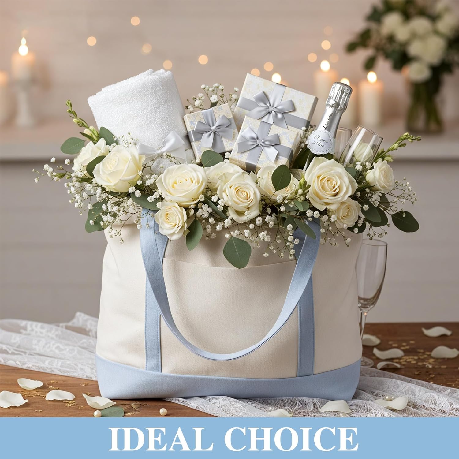 4 Pcs Large Canvas Tote Bags Bulk with Top Zipper Closure, Reusable Grocery Shopping Bags, Bachelorette Party DIY Gifts (Light Blue)