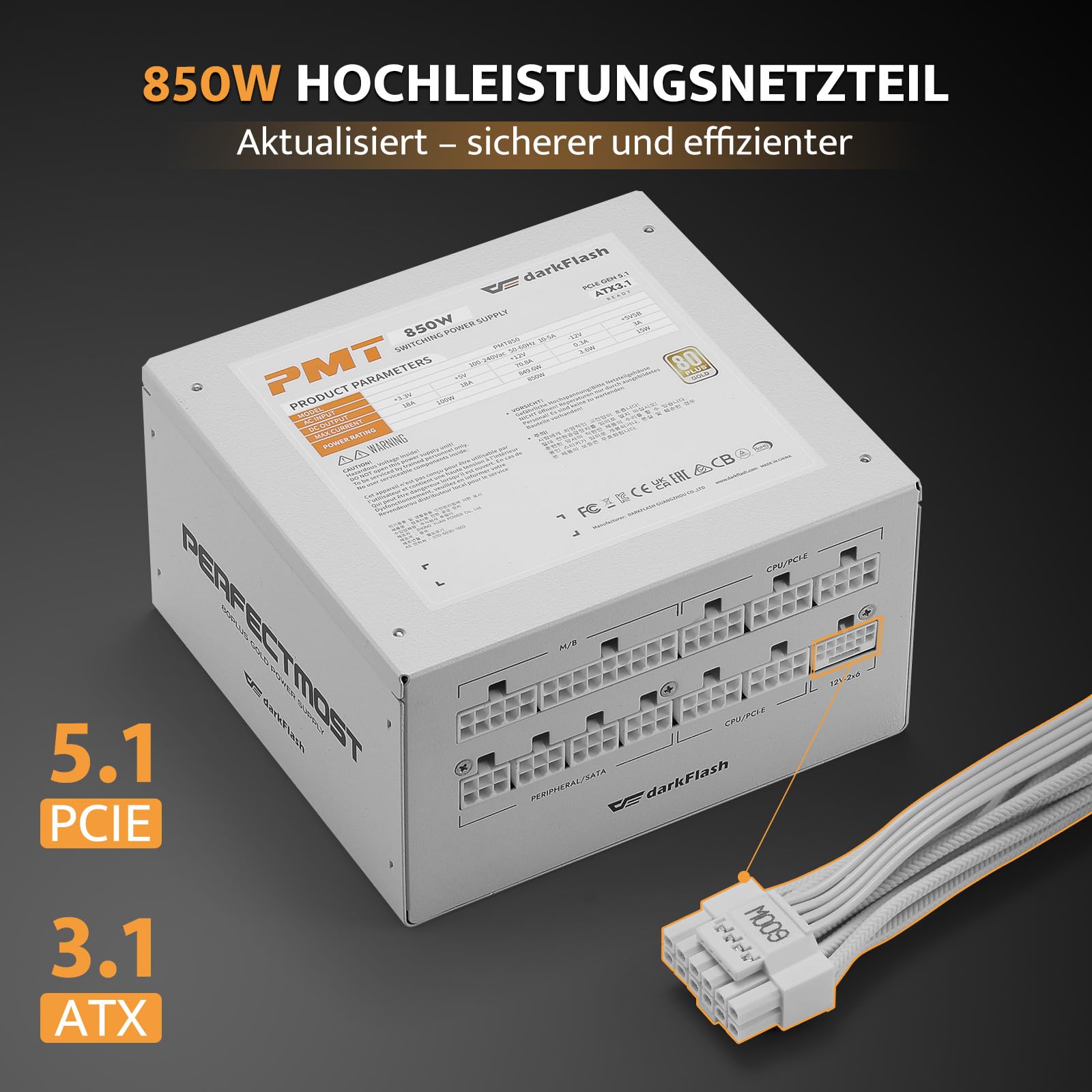 darkFlash PMT850 Vollmodulares ATX 3.1-Netzteil, 80 Plus Gold Effizienz, PCIe 5.1 & 12VHPWR-Unterstützung, 100% Japanische 105°C-Kondensatoren, Kompakte 150-mm-Bauweise (Weiß)