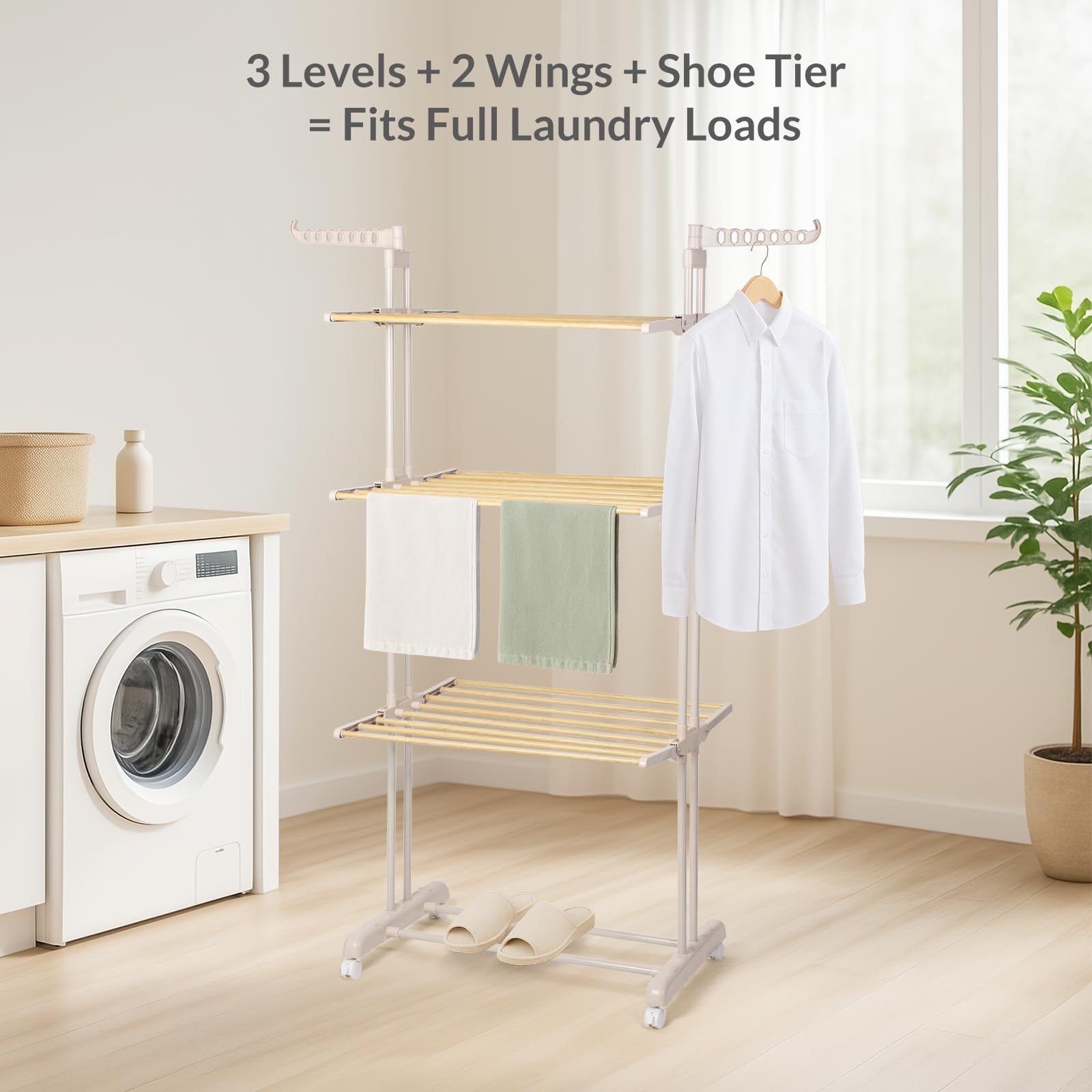Étendoir à Linge Intérieur 3 Niveaux,Tubes Effet Bois avec Ailes Pivotantes