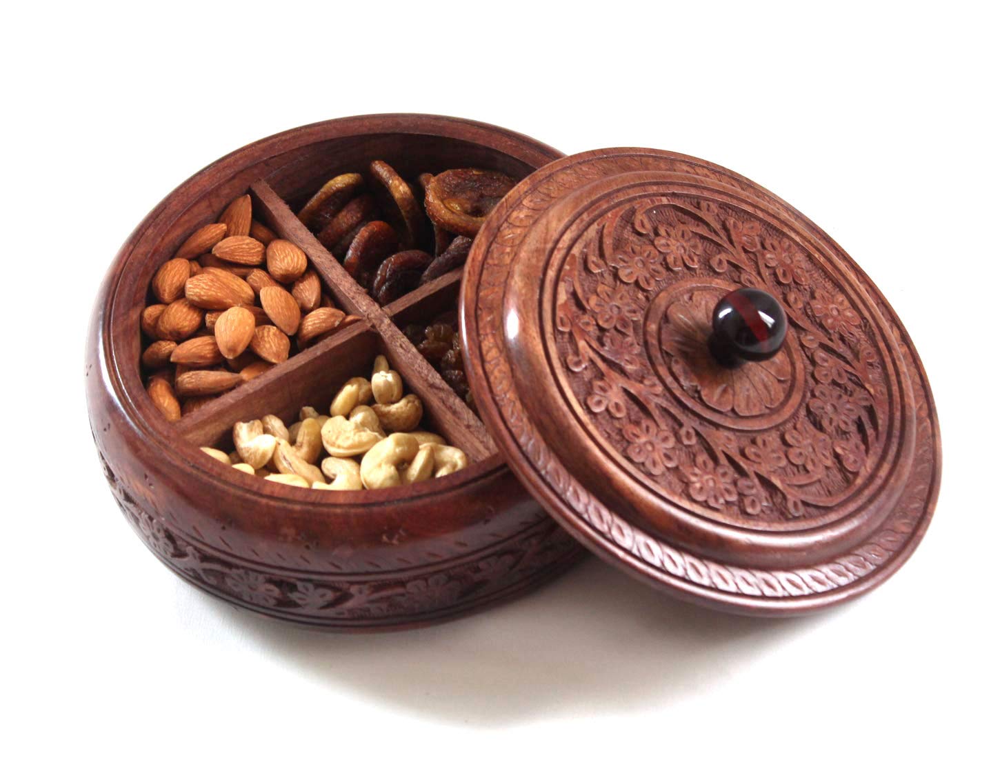 CraftsCollectionStore Real sheehsam Wood Dry Fruit Box Large Size Round Dry Fruit for Gift, Food Storage, Spice Box, 4 Compartment Storage Box, Masala Box Set Container Diwali Gift