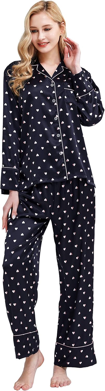 TONY AND CANDICE Women's Silky Satin Pajamas Button Down Long Sleeve Sleepwear PJ Set Loungewear
