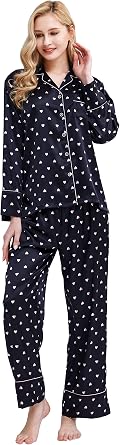 TONY AND CANDICE Womens Silky Satin Pajamas Button Down Long Sleeve Sleepwear PJ Set Loungewear