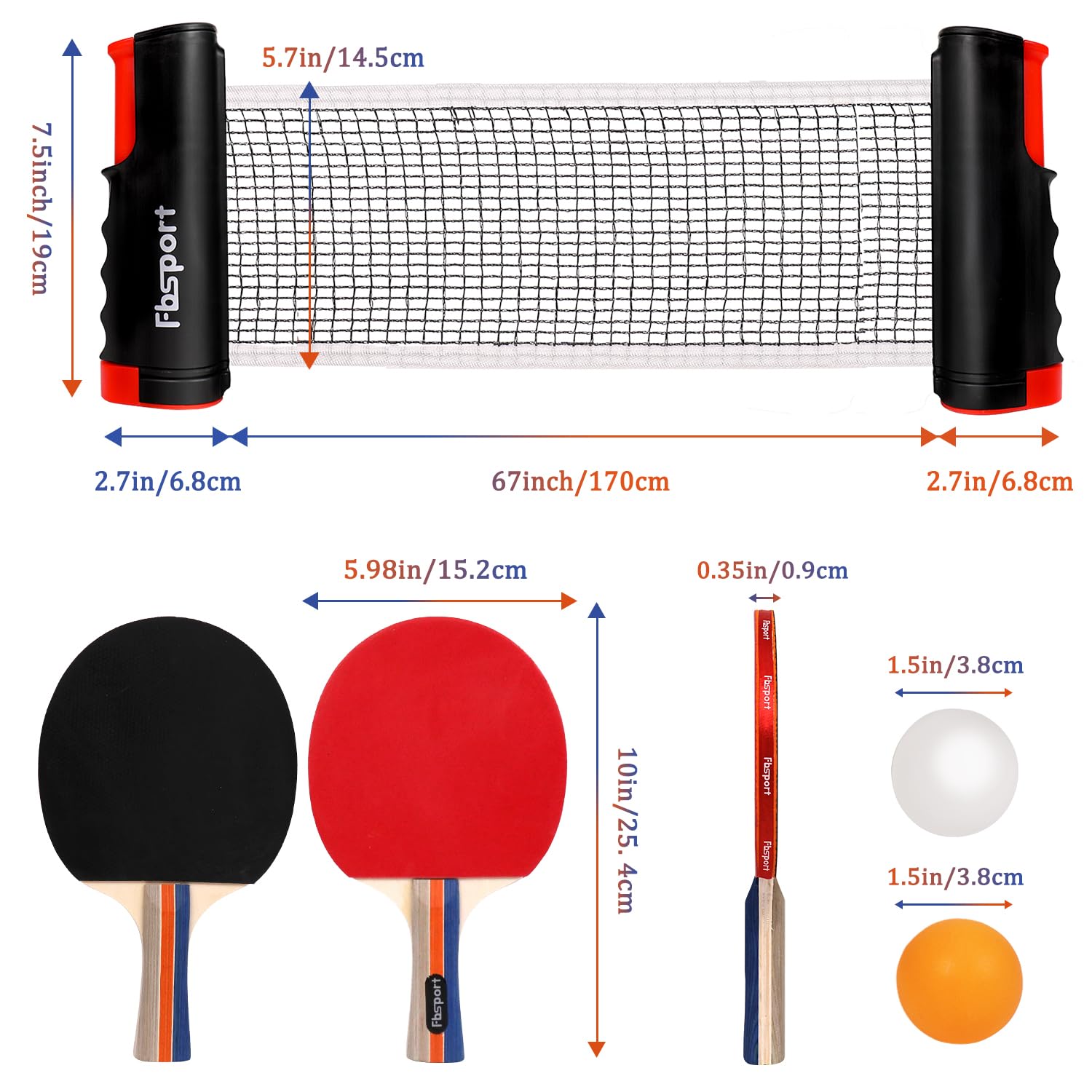 Set Ping Pong avec 4 Raquettes, Rétractable Filet Ping Pong pour Table, 8 Balles et 1 Sac de Transport, Tennis de Table Set pour Intérieur Extérieur Enfants Adultes