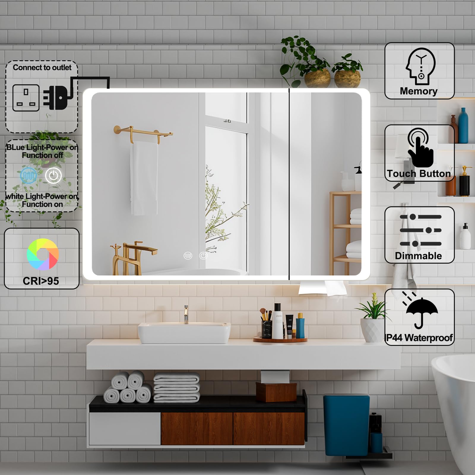 Buildonely Spiegelschrank Bad 80x70cm | Mit Beleuchtung & Antibeschlag | Touchscreen Schwarz