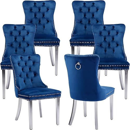 Miniatura 27 de Juego de 2 sillas de comedor modernas de mediados de siglo, sillas de cocina tapizadas en terciopelo color azul marino, sillas para cocina y 042