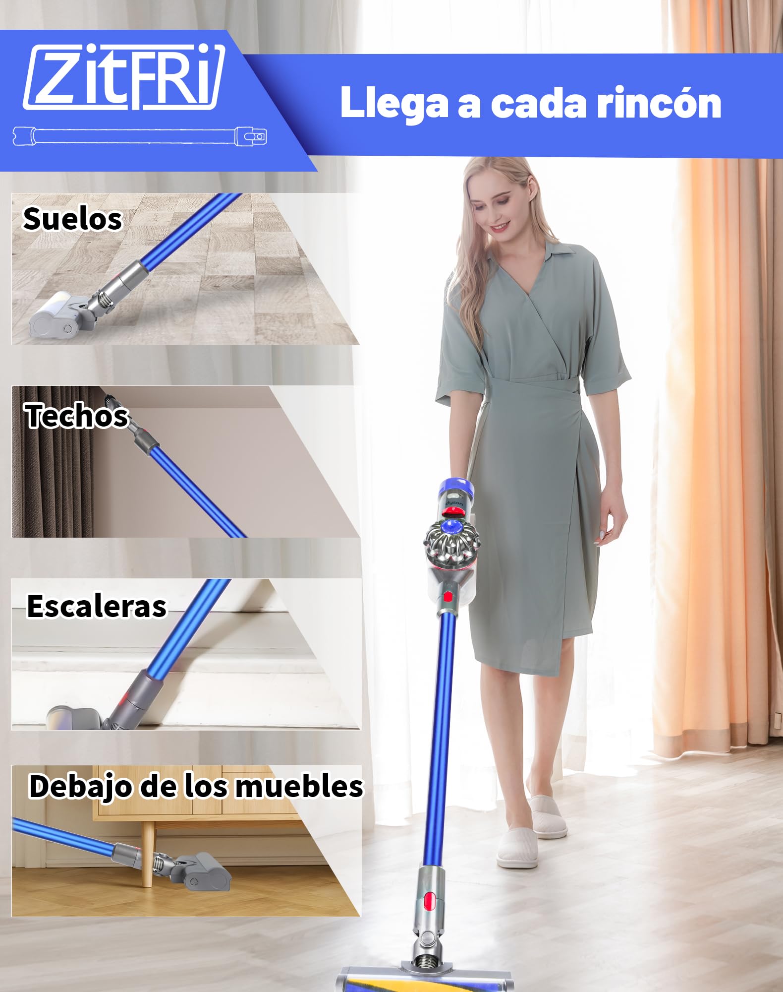 Tubo de Extensión Rígido Compatible con Dyson V11 V15 V10 V8 V7, Varilla de Aluminio con Conexión de Liberación Rápida, 72 cm - Azul