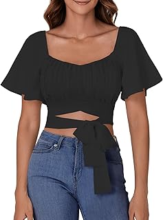 Blusa de manga corta con volantes y cuello cuadrado para mujer