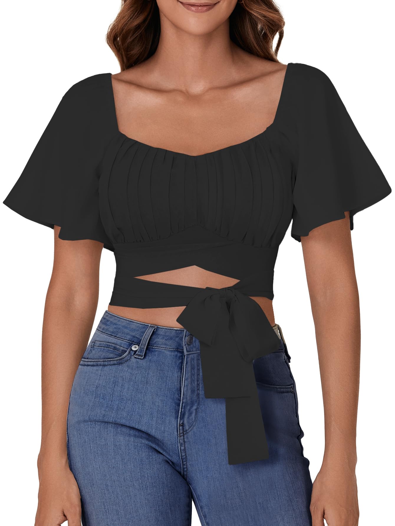 Rooscier Women's Ruched Wrap Ruffle Flare Short Sleeve Square Neck Self Tie Crop Top Blouse