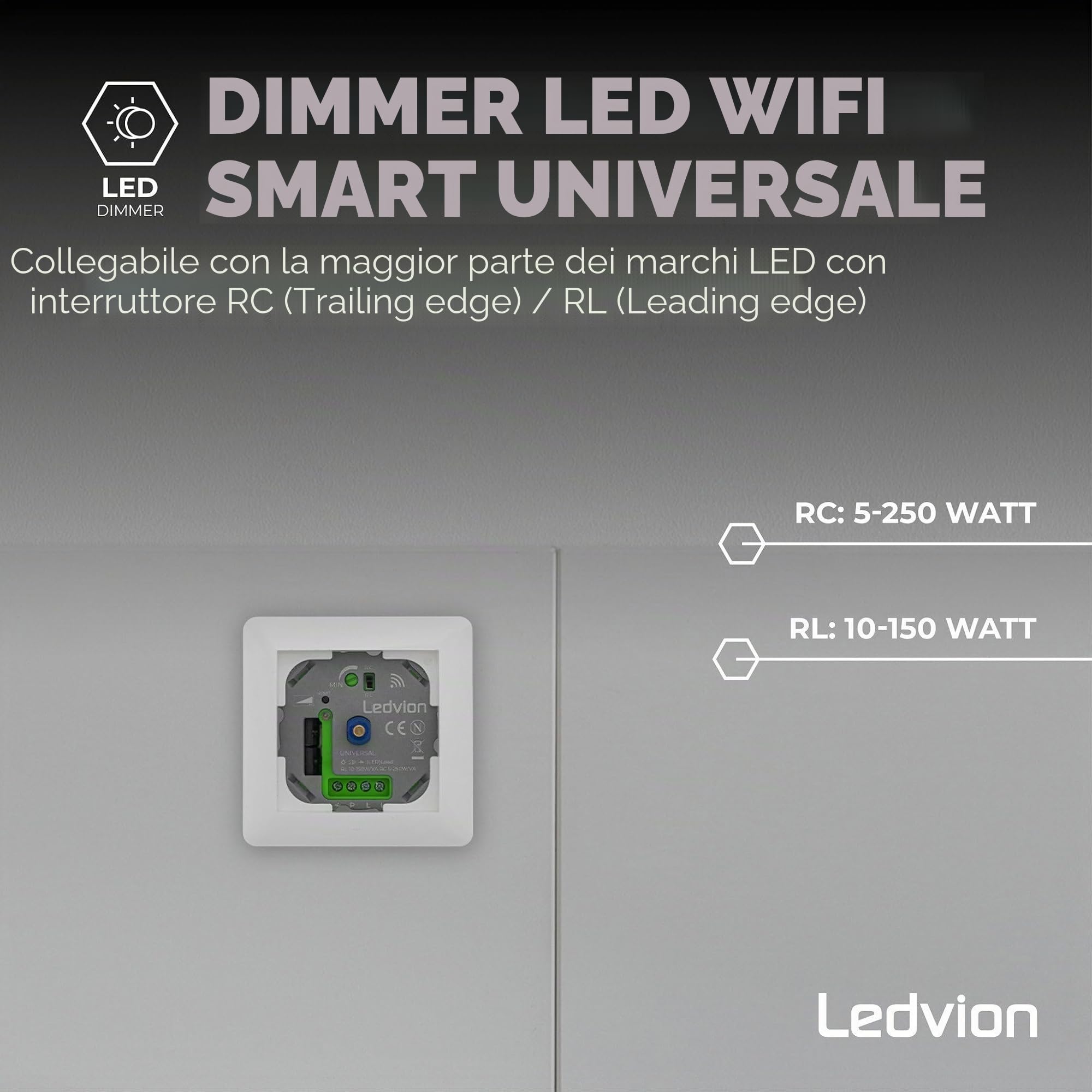 Ledvion - Interruttore Intelligente LED, LED 5-250W, Senza Copertura, Taglio di Fase, Dimmer Rotativo da Incasso, Variatore Rotativo LED