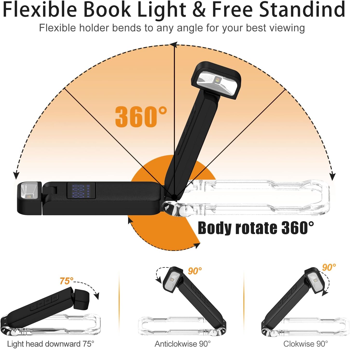 SFV Digital Book Lights for Reading at Night, USB Rechargeable Reading Lights for Books in Bed Clip-on, 3 Colors & 5 Brightness Dimmable, Compact & 80H Long Lasting for Book Lovers, Kids, Black